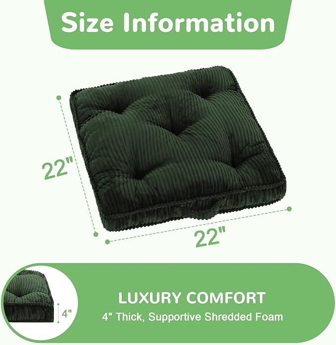 PRIMEPATIO Square Floor Pillow for Adults, Tufted Floor Cushion for Sitting, Large Meditation Cushion, Thick Corduroy Seat with Handle, Tatami Seating for Yoga, 22x22 Inch Green, 1Pack