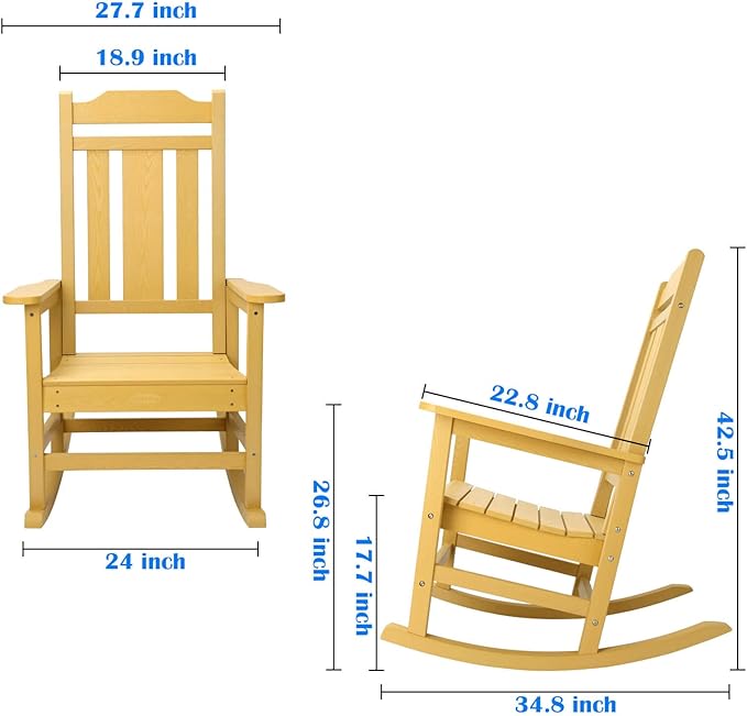 Rocking Chair, All-Weather Patio Deck Outdoor Indoor Chair, Fade-Resistant Porch Rocker Chairs, Durable Smooth Rocking, Comfortable Easy to Assemble, Low Maintain, Load Bearing 350 lbs (Yellow)