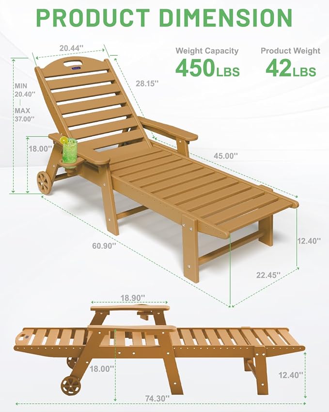 Lounge Chair Outdoor, Chaise Lounge Outdoor, HDPE 6-Position Lounge Chair for Outside, Patio Lounge Chair with Wheels & Cup Holder for Pool Poolside Deck Backyard, Teak