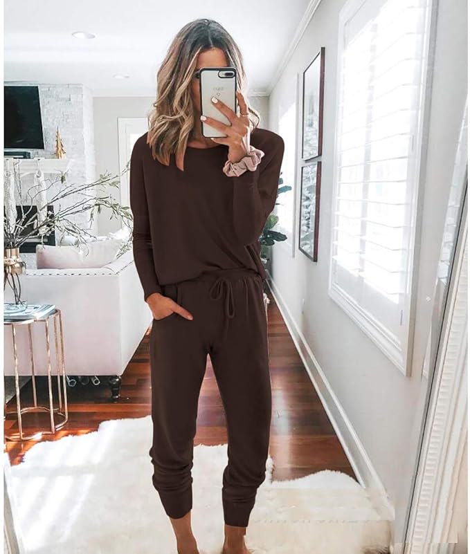 PRETTYGARDEN Women Fall 2 Piece Lounge Outfit Long Sleeve Tops High Waisted Jogger Pants Set Spring Travel Clothes Tracksuit