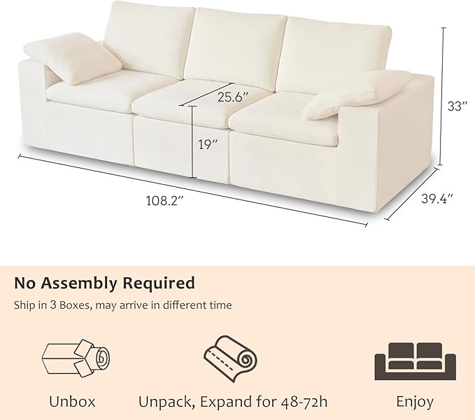 ANONER 108" Cloud Sectional Couches for Living Room, 3 Seater Boneless Couch, Cloud Modular Sectional Sofa with Soft Pillow, Deep Seats Chenille Cloud Couch, No Assembly, Beige