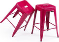 Vogue Furniture Direct 24 Inch Metal Bar Stools, Backless Counter Height Barstools, Indoor Outdoor Stackable Stools with Square Seat, Set of 2 (Hot Pink)