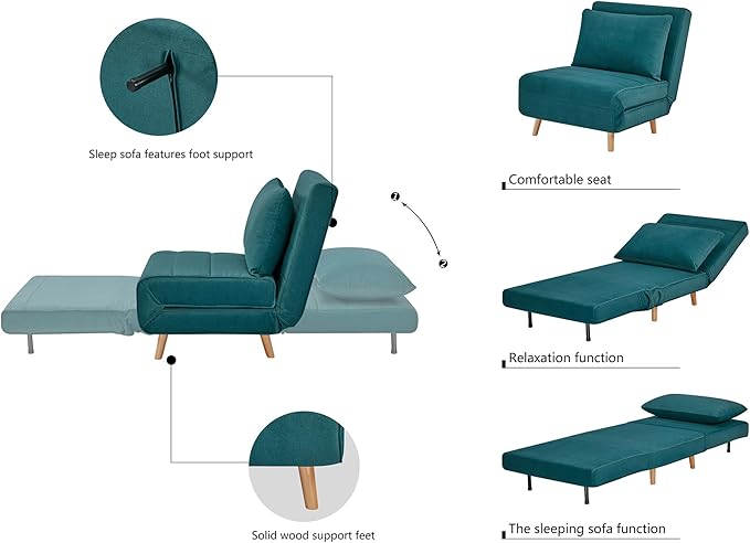 CITTANEO 31" Convertible Sleeper Chair, 3-in-1 Foldable Chair Bed with Pillow, 3-Position Adjustable Backrest, Single Sofa Bed for Apartment, Office, Peacock Blue