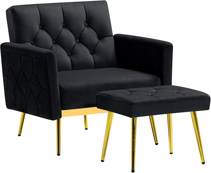 ACMEASE Velvet Accent Chair w/Adjustable Armrests and Backrests, Tufted Single Sofa with Ottoman, Upholstered Reading Chiar for Living Room, Apartment, Bedroom, Black