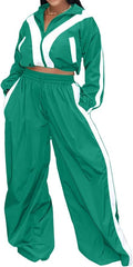 Women Striped 2 Piece Outfits Fall Workout Sets Windbreaker Tracksuit Crop Jacket Wide Leg Pants with Pockets