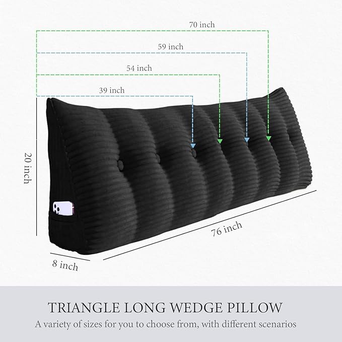 Wedge Headboard Pillow Dorm Room Reading Pillow Back Support for Sitting Up in Bed Bolster Lumbar Cushion Body Positioning Bedrest Corduroy (Black, King (76 * 8 * 20in))
