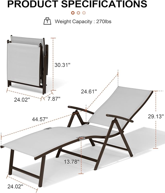 Crestlive Products Chaise Lounge Chair Outdoor Set of 2, Aluminum Folding Patio Recliner Chair, Adjustable 8 Positions Assemble-Free Perfect for Beach, Yard, Pool, Deck