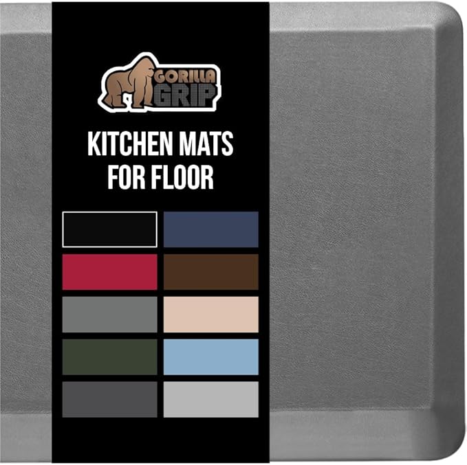 GORILLA GRIP Comfortable Cushioned Kitchen Mats for Floor, 58x20, Waterproof and Stain Resistant Soft Top, 3/4 Inch Thick Ergonomic Standing Desk Anti Fatigue Mat, Foam Supports Ankles and Feet, Grey