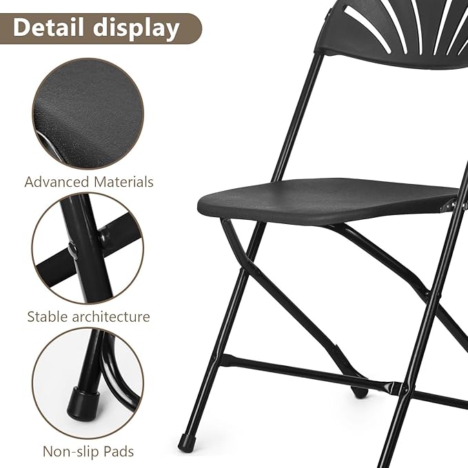 Folding Chairs 10 Pack, Heavy-Duty Plastic Foldable Chairs with Sturdy Metal Frame, 350 lbs Capacity, Fashion Stackable Portable for Weddings, Parties, Office, Indoor, Outdoor Events, Black
