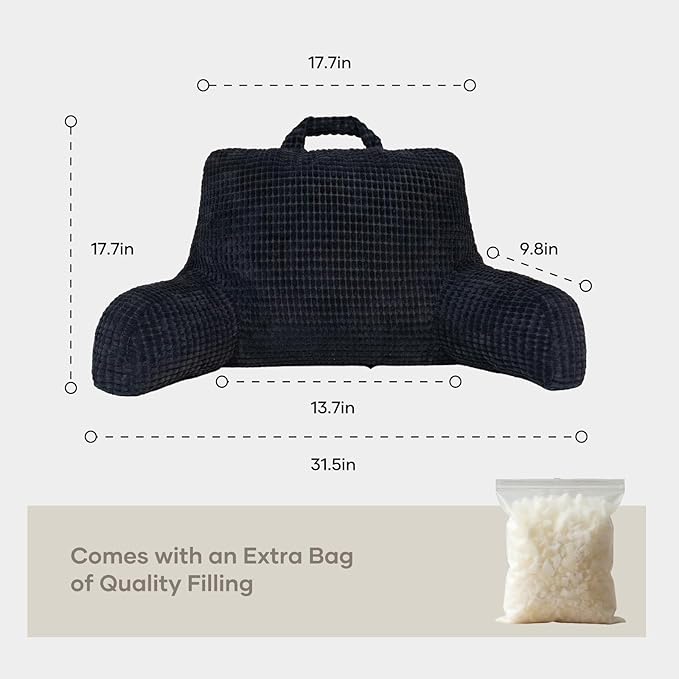NOONTIDE Reading Pillow L-Size with Top Handle, Uniquely Designed Soft Fabric, Ergonomic Back Support for Bed, Couch & Reading, Comes with a Bag of Filling for Adjustable Firmness (Black)