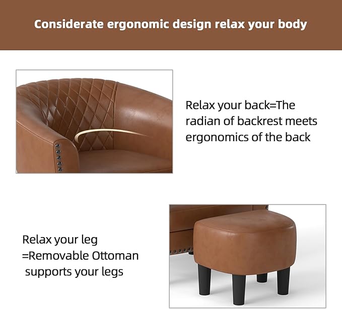 INZOY Modern Accent Chair with Ottoman for Small Space, Club Chair with Ottoman Set, Comfy PU Leather Barrel Reading Chairs for Living Room Bedroom, Round Reading Chair with Foot Rest, Light Brown