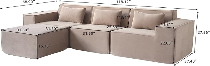 JACH L-Shaped Cloud Sectional Couch, 118" Huge Plus Modular Couch, Modern Comfy Cloud Fleece Couches with Reversible Chaise Ottoman, Sofas Furniture for Living Room, Office, Apartment, Brown