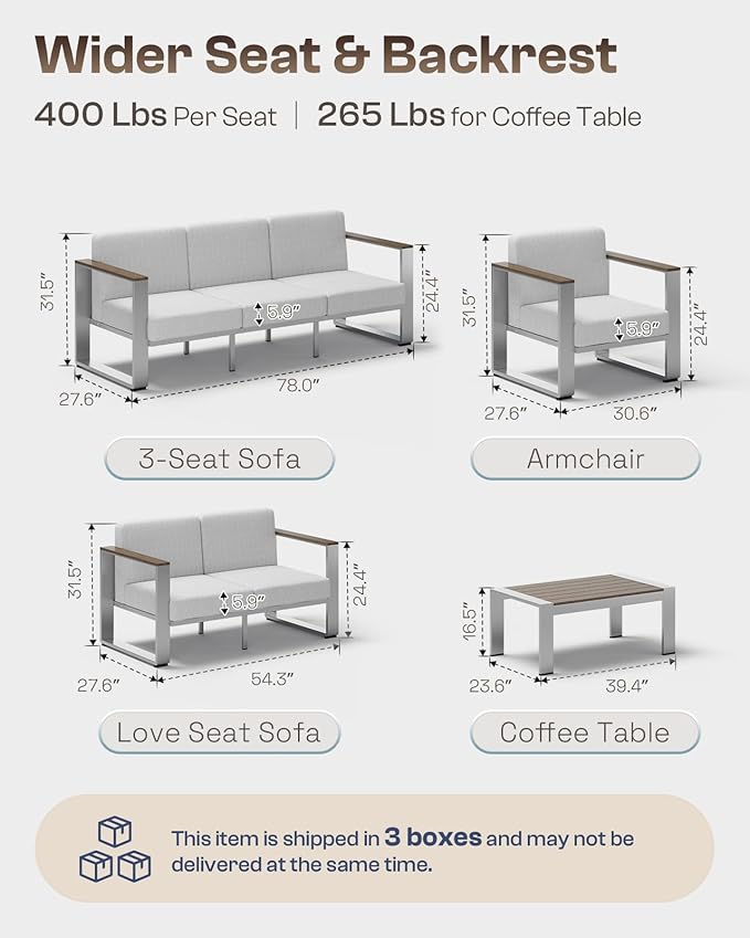 ComfCove Outdoor Aluminum 3-Seat Sofa, Modern Patio Patio Furniture with Wide Seat and Thick Cushions, All-Weather Oversized Couch for Deck, Porch