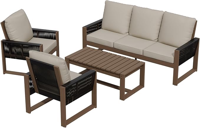 INTER HUT Rustic Hideaway Natural Cedar Wood Outdoor Furniture Set, Wicker Patio Conversation Set for Porch Garden Backyard, Couch, 2 Patio Chairs and Coffee Table, 4 Piece, Brownish/Beige