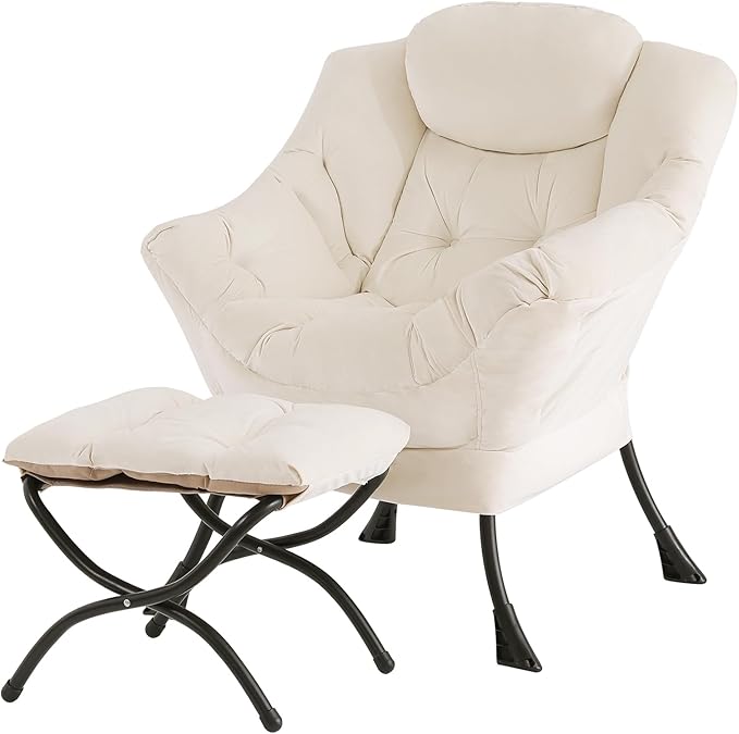 Tiita Lazy Chair with Ottoman, Modern Large Accent Lounge Armchair, Comfy Leisure Sofa Reading Chair with Footrest for Bedroom, Living Room, Dorm Rooms, Garden and Courtyard, Velvet Beige