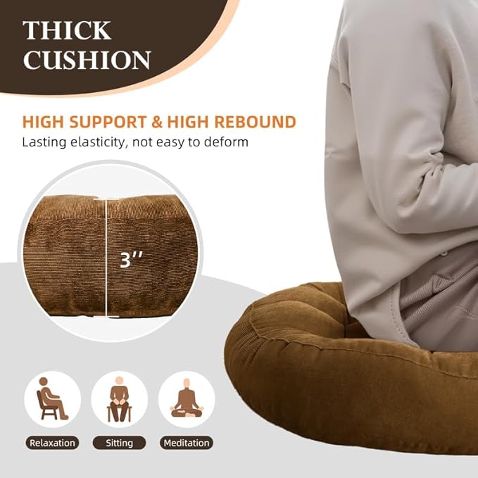 Gfobip Meditation Floor Pillow Set of 2 Large Round Floor Cushions for Adults Tufted Corduroy Floor Seat Pillows Cushion for Living Room,Dark Grey 16.5" Lx16.5 Wx3 H