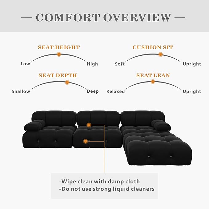 JACH 104'' Modern Sectional Sofa, L-Shaped Minimalist Velvet Floor Sofas Couches, Couch Sectional with Reversible Chaise Ottoman for Living Room Office Apartment (3 Seats,1 Ottoman, Black)