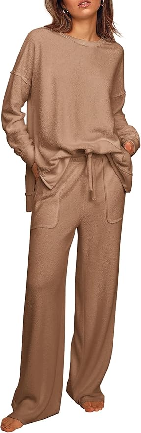Ekouaer Womens Tracksuits 2 Piece Long Sleeve Outfits Micro Fleece Sweatsuit Sets Wide Leg Sweatpants