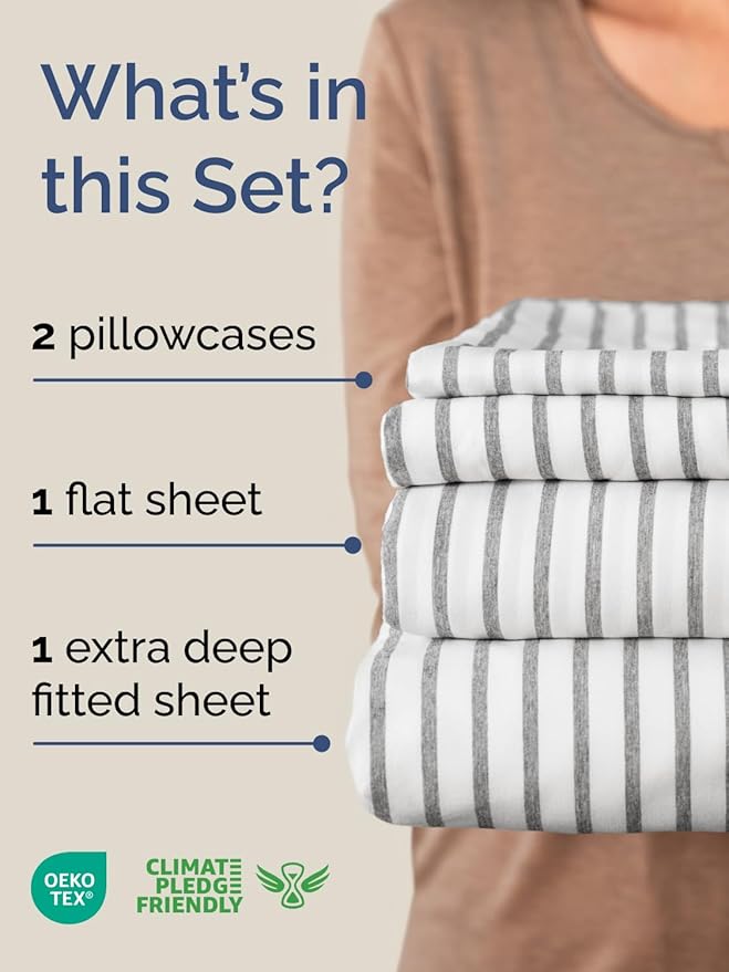 Extra Deep Pocket Queen Sheet Set - 4 Piece Breathable & Cooling Bed Sheets - Hotel Luxury Sheet Set - Ultra Soft, Wrinkle Free & Comfy - Fits Extra Deep Mattresses - Deep Pocket Grey Stripes 2 Sheets