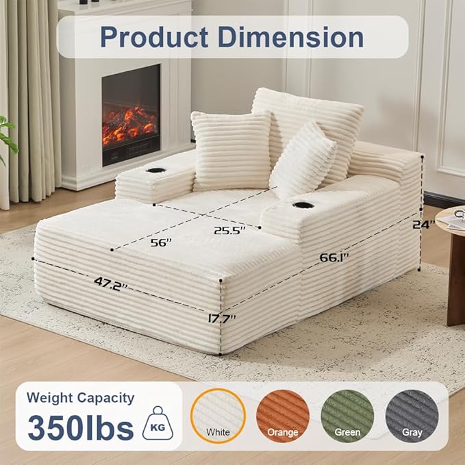 66" Oversized Chaise Lounge Sofa Chair Indoor, Modern Corduroy Single Sleeper Couch Chair with 3 Soft Pillows＆Cup Holder, Boneless Cloud Couch Single Seat Sofa Bed for Living Room Office (White)