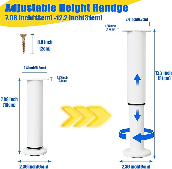 Olldag 4 PCS Adjustable Height Bed Support Legs [with 18PCS Screws] for Bed Frame/Bed Center Slat, Heavy Duty Furniture Replacement Legs 7.08-12.2 inch for Sofa/Cabinet/Couch/Dresser/Table (White)
