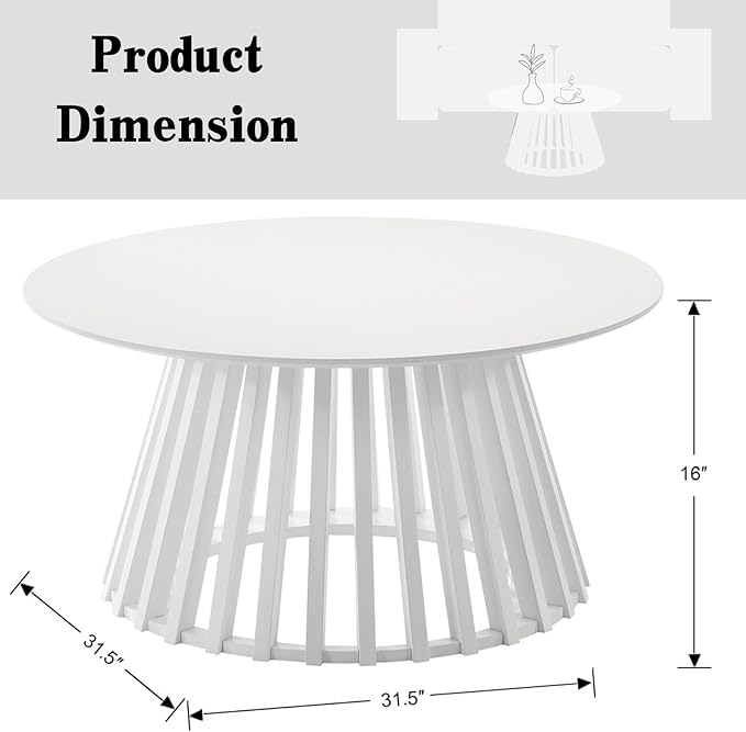 DUOMAY Modern Solid Wood Round Coffee Table with Geometric Base, Sturdy Wood Center Table for Living Room, Lounge, Office, White Color
