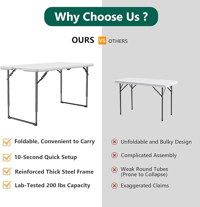 FurniEdge 4ft Folding Table with Adjustable Height, Heavy Duty Fold-in-Half Plastic Table with Steel Legs, Portable for Indoor, Outdoor, Picnic, Camping, Dining, Party, White