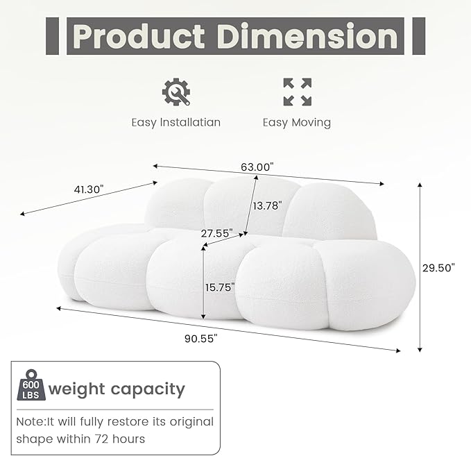 WJShome 90" Modern Curved Couch Cloud Shaped Sofa for Living Room,Lazy Floor Couch, Boucle LoveSofa, Cozy Leisure Boneless Chaise Lounge, Apartment-No Assembly Required(White)