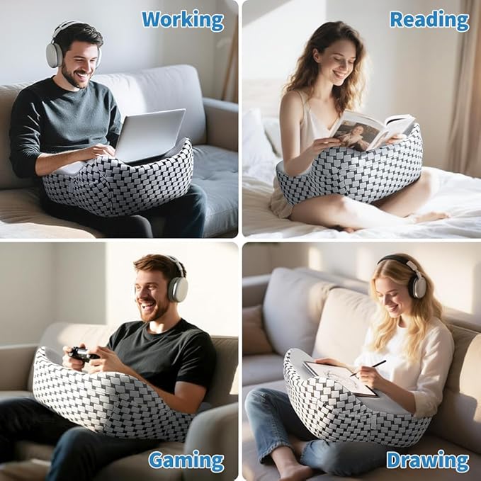 Laptop Pillow, Ergonomic Memory Foam Lap Desk Cushion Soft Reading Gaming Pillow for Lap with Knitting Side Pocket for Casual Living Reading, Working, Gaming, Writing in Bed Couch Floor