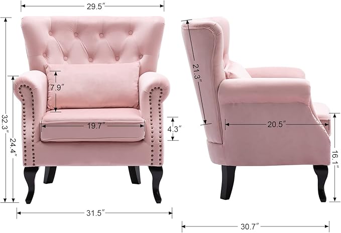 Janoray Mid Century Modern Accent Chair Upholstered Armchair Comfy Velvet Fabric Single Sofa with Tufted Wingback for Small Spaces Bedroom Living Room, Pink