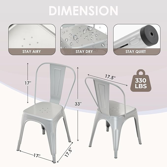Metal Dining Chairs Set of 6 - Stackable Tolix Chair Indoor/Outdoor for Kitchen, Cafe,Restaurant, Bistro & Patio Multiple Colors(Silver)
