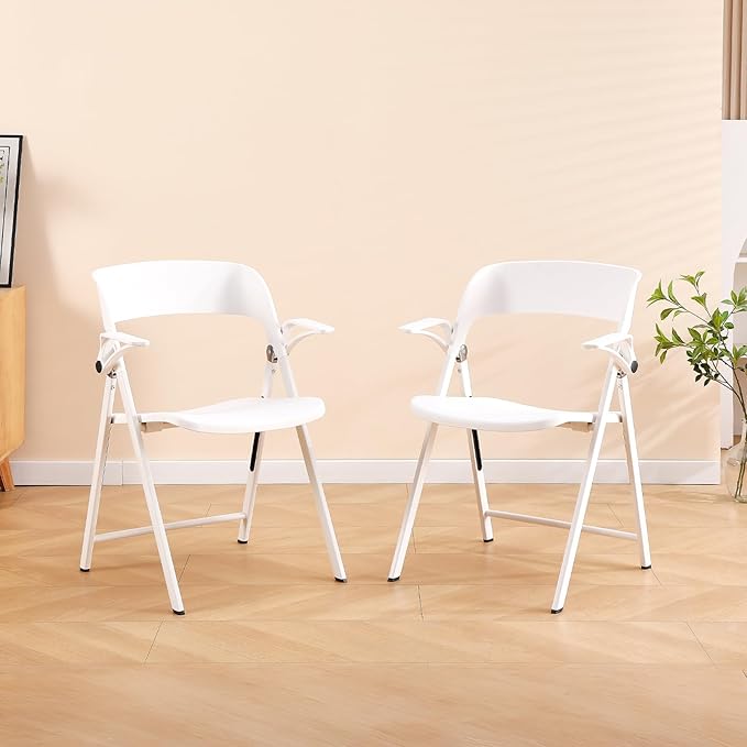 White Office Chair with Arms, Plastic Folding Chairs, Comfort Stackable Dining Chairs,Portable Foldable Chair with Steel Frame for Indoor, Outdoor, Wedding, Party, Lawn, Yard, Beach, 2Pack
