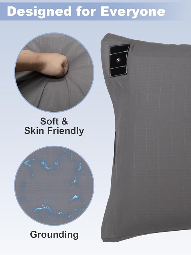 YOUBLAO Grounding Pillowcase, 90% Organic Cotton and 10% Silver Fiber Grounding Pillow Case with 15ft Grounding Cord, Gray Sleep Pillow 20x36 inch for Improve Sleep Improving Energy