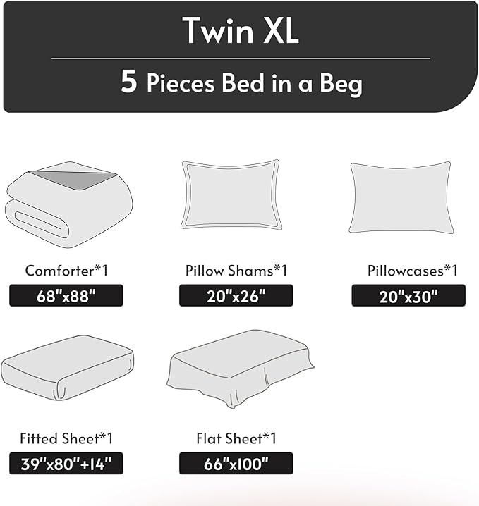 MUXHOMO 5 Pieces Twin XL Comforter Set, Reversible Bed in a Bag Twin XL Size, All Season Bedding Set with Comforter, Flat Sheet, Fitted Sheet, Pillowcases & Shams, Light Grey & Beige