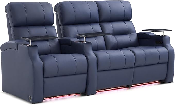 Weilianda Home Theater Seating, Top Grain Leather Sectional Seats Recliner Chair, Zero Gravity Reclining Sofa with Power Headrest 7 Colors Ambient Lighting USB C Charge Row of 3 Loveseat Right Blue
