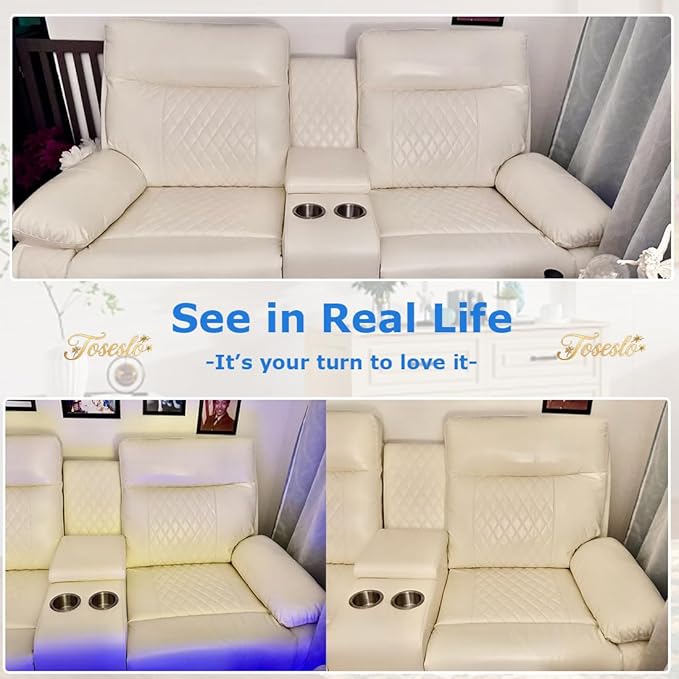 Toseslo Power Leather Sofa and 2 Chairs Set, Recliner Sofa Set with LED Light, Living Room Furniture Sets, Modern Power Reclining Sets with Cup Holder/Storage Console for House, Vanilla White