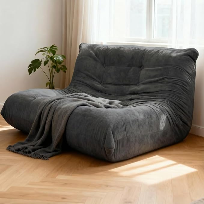 Sytopia Loveseat Bean Bag Chair, Oversized Reading Chair for Adults Ultra-Comfy, Corner Floor Sofa 40D Foam, Togo Sofa Furniture for Living Room Bedroom Gaming, Black Onyx