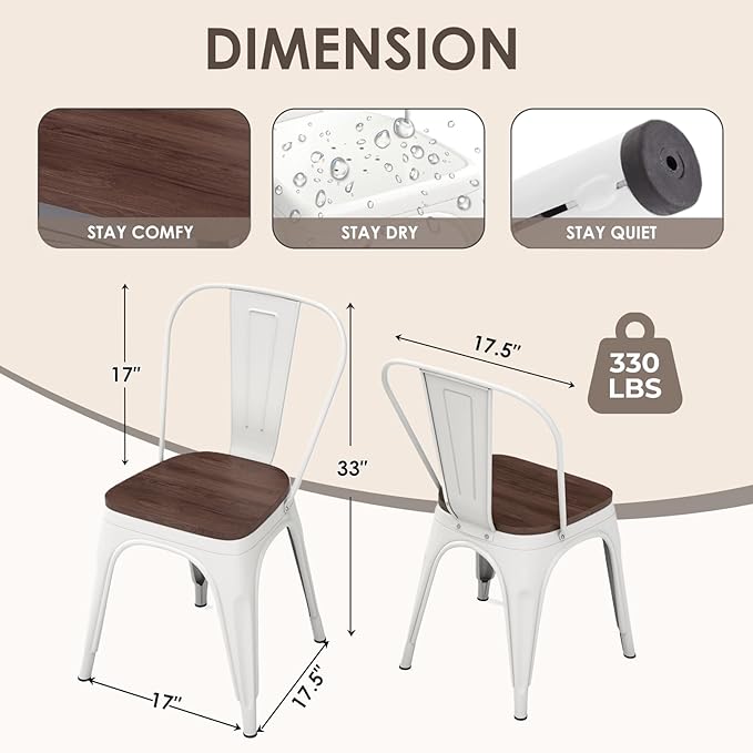 Metal Dining Chairs Set of 2,Stackable Tolix Chair Indoor/Outdoor for Kitchen,Cafe,Restaurant,Bistro & Patio Multiple Colors with High Backrest and Wood Seat(White)