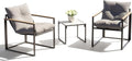 3 Piece Patio Bistro Set, Small Outdoor Furniture with Heat-Resistant Wood Armrests & Breathable Textilene Chairs, Glass Side Table & Thick Cushions for Apartment Balcony, Porch, and Garden (Gray)