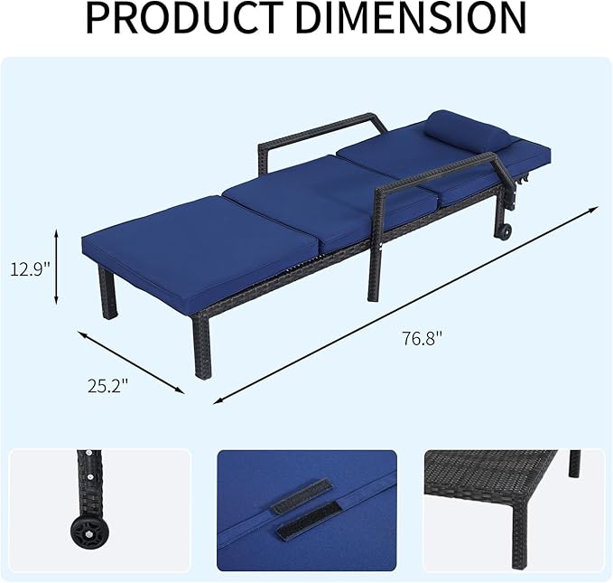 Patio Chaise Lounge – Adjustable Outdoor Lounge Chairs with Cushions & Headrest – All-Weather Rattan Reclining Lounge Chairs for Poolside, Garden, and Patio (1 Pc, Blue)