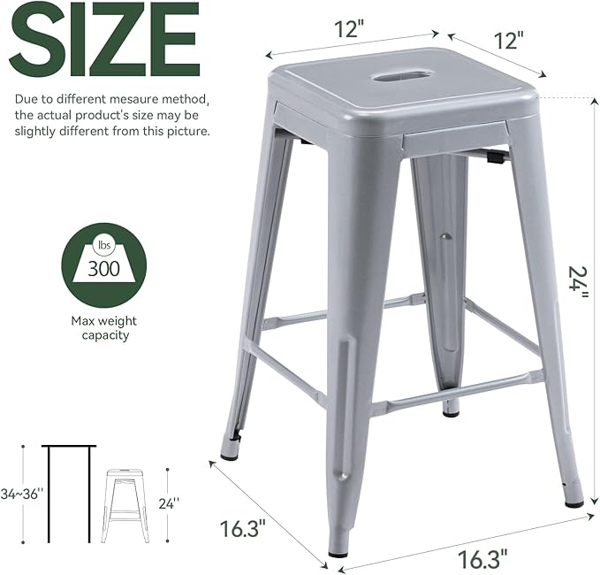 Vogue Furniture Direct 24" High Bar Stools Backless Silver Metal Barstools Indoor-Outdoor Counter Height Stools with Square Seat, Set of 4