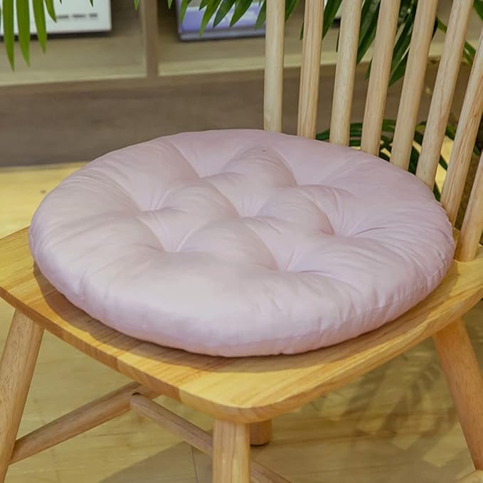 16 Inch Round Chair Seat Pad Thick Tatami Plaid Style Comfortable Floor Seat Cushion Soft Chair Mat for Office Bedroom Living Room Kitchen, Grey Pink