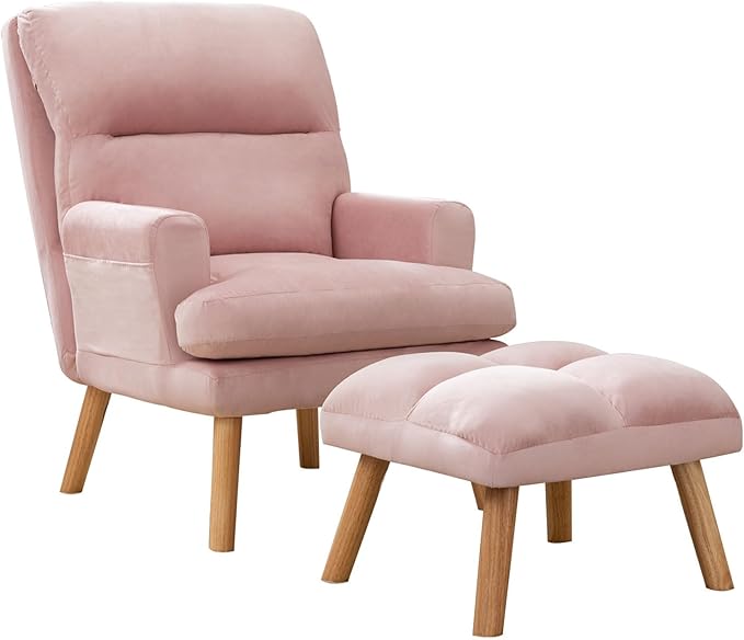 IOMOR Accent Chair with Ottoman Comfy Reading Chair Armchair with Adjustable Backrest and Side Pockets Soft Fabric Leisure Sofa for Bedroom, Living Room, Dorm Rooms, Garden, Pink