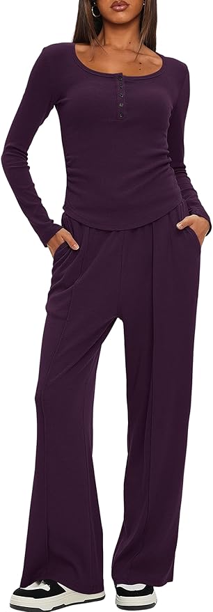Darong Womens 2 Piece Matching Lounge Sets 2026 Long Sleeve Henley Shirts Wide Leg Pants Airport Travel Outfits