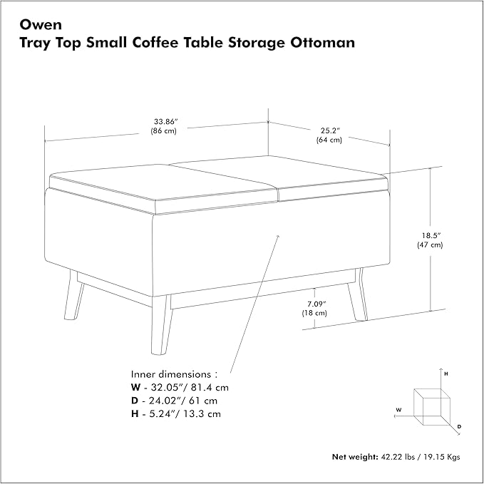 SIMPLIHOME Owen Tray Top Small Coffee Table Storage Ottoman - 34 inch Wide Upholstered Vegan Leather Rectangular Flip-Top Ottoman in Distressed Chestnut Brown, Mid-Century Ottoman for Living Room