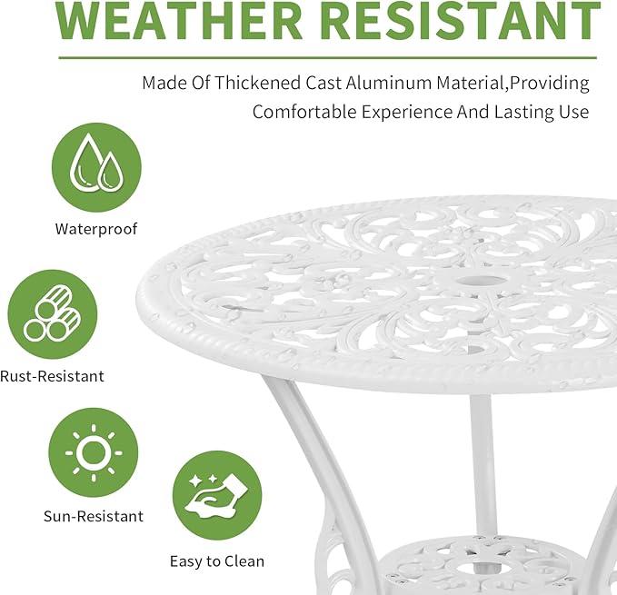 Withniture 3 Piece Outdoor Bistro Table Set, Cast Aluminum Patio Bistro Sets with Umbrella Hole, All Weather Bistro Table and Chairs Set of 2 for Garden Porch (Butterfly Arm, White)