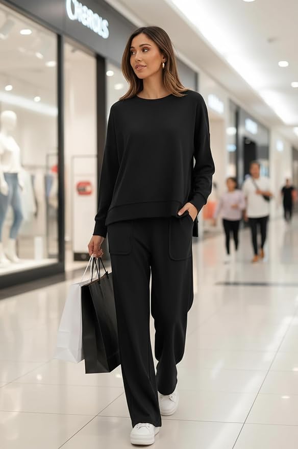 ETCYY NEW Lounge Sets for Women 2 Piece Outfits with Side Split Sweatshirt Tops and Wide Leg Sweatpants