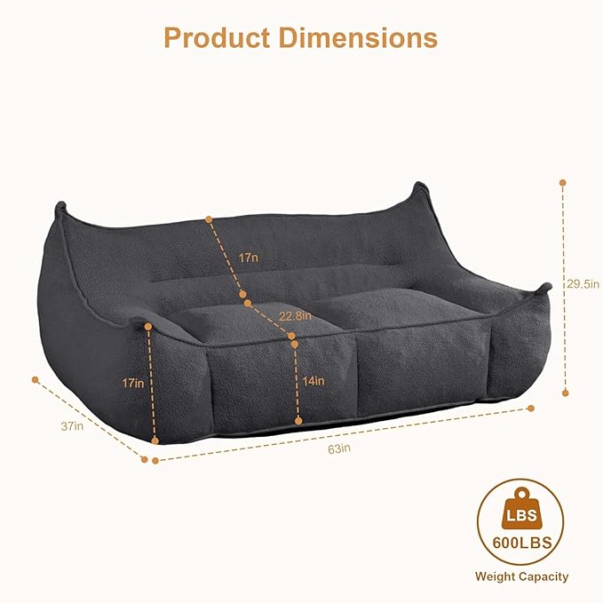 Giant Bean Bag Chair for Adults, Grey Loveseat Beanbag with Filling Plush Fluffy and Back Support, 2 Seater Lounge Lazy Floor Sofa, Memory Foam Couch for Living Room, Bedroom & Dorm
