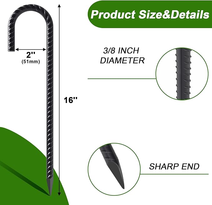 AAGUT Rebar Stakes 16 Inch J Hook Heavy Duty 8 Pack, 3/8 Inch Black Coated Metal Steel Ground Anchors Chain Link Fence Stakes for Camping Tent, Inflatables, Yard Decorations, Canopies & Swing Sets