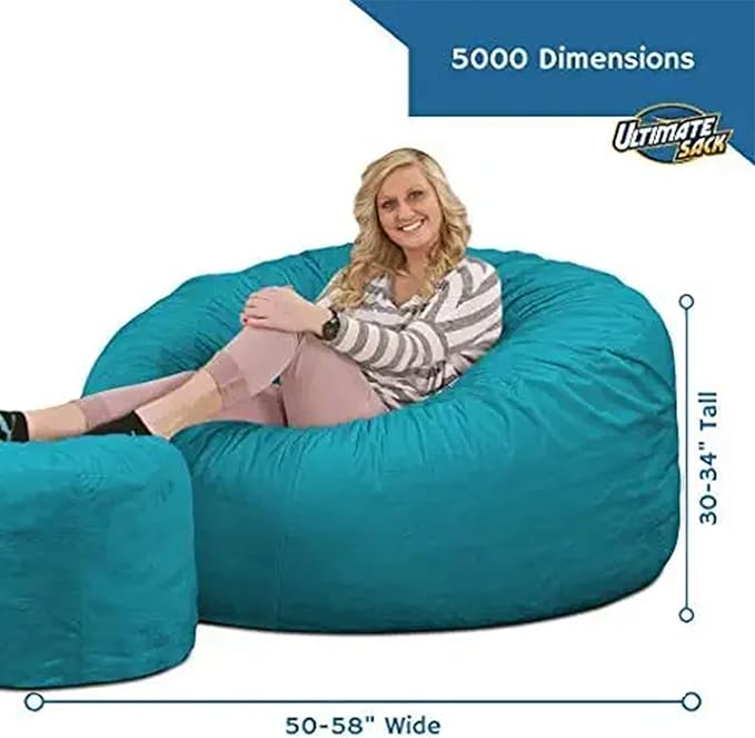 ULTIMATE SACK 5000 5-Foot Bean Bag Chair with Footstool, Teal Suede Cover – Oversized Foam Lounger, Floor Seat, Small Sofa, or Couch Bed for Living Area, Gaming Room, or Reading Lounge